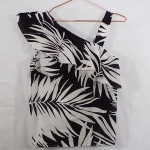 Who What Wear Palm Print Asymmetrical Ruffle Top
